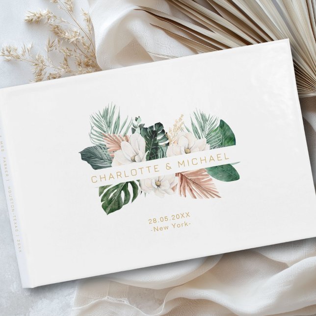 Elegante, tropische Hochzeit mit üppiger Vegetatio Gästebuch (Personalized, elegant, tropical, leafy wedding guest book with your names and date.)