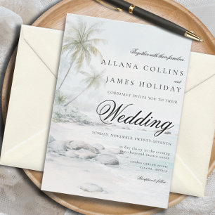 Elegante tropische Palmen-Aquarell-Strandhochzeit Einladung