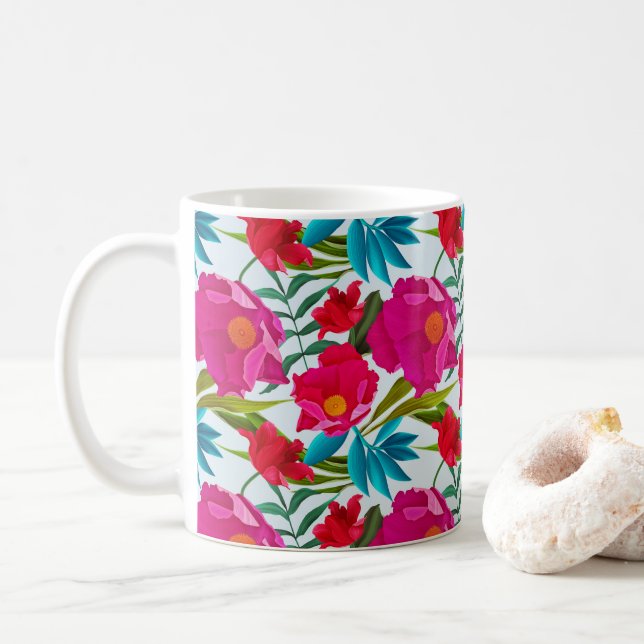 Elegante tropische Rosa und rote Blume Kaffeetasse (Mit Donut)
