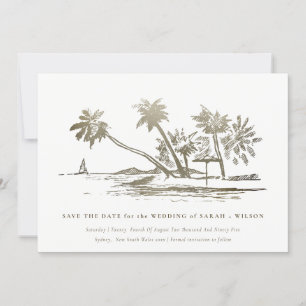 Elegante tropische Strandpalme Skizze Blassgold Save The Date