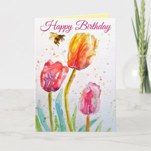 Elegante Tulpe und Biene Aquarell-Geburtstagskarte Karte
