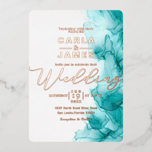 elegante Türkis Blue Alcohol Tinte Gold Hochzeit F Folieneinladung