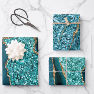 Elegante Türkis Glitter-Ozean-Achat-Geburtstagsfei Geschenkpapier Set