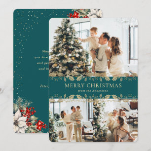 Elegante Türkis-Gold-Botanik-Foto-Weihnachtskarte Feiertagskarte