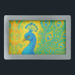 Elegante Türkis Peacock Bird Decorative Rechteckige Gürtelschnalle<br><div class="desc">Dieser elegante Pfauenschnalle weist den Vogel in türkisfarbenen und blauen Farbtönen auf einem gelben gemusterten Hintergrund auf. Bild generiert mit KI.</div>