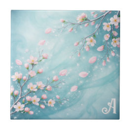 Elegante Türkis Rosa Kirschblüten-Initialen  Fliese