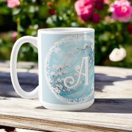 Elegante Türkis Rosa Kirschblüten-Initialen  Kaffeetasse