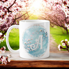 Elegante Türkis Rosa Kirschblüten-Initialen  Kaffeetasse