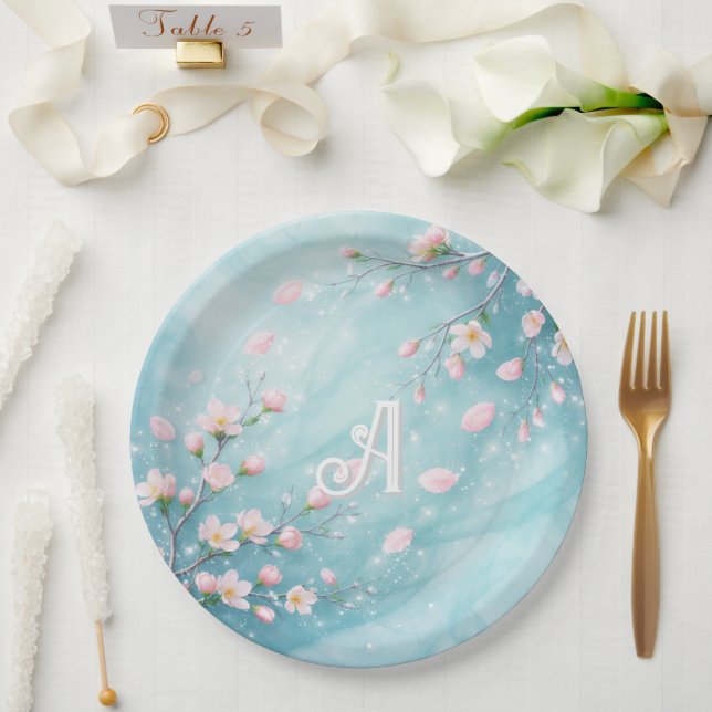 Elegante Türkis Rosa Kirschblüten-Initialen  Pappteller (Hochzeit)