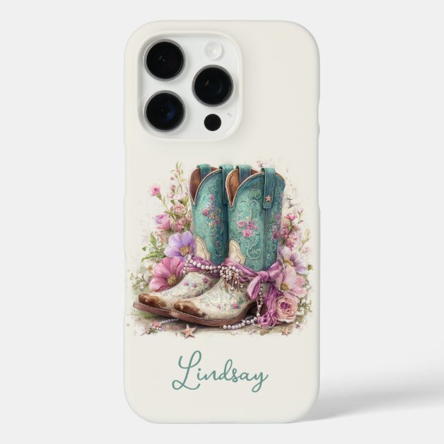 Elegante Türkis-Stiefel mit Blumen-Monogramm Case-Mate iPhone Hülle (Rückseite)