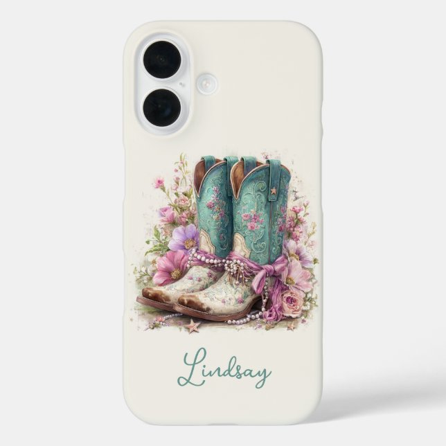 Elegante Türkis-Stiefel mit Blumen monogrammiert Case-Mate iPhone Hülle (Rückseite)