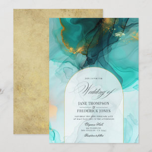 Elegante Türkis- und Gold-Fließtinte-Hochzeit Einladung