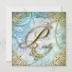 Elegante Türkisblaue Schmetterlings-Blumen-Gold-Pa Einladung