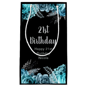 Elegante Türkisblaue und Silber Blumen Geburtstags Kleine Geschenktüte
