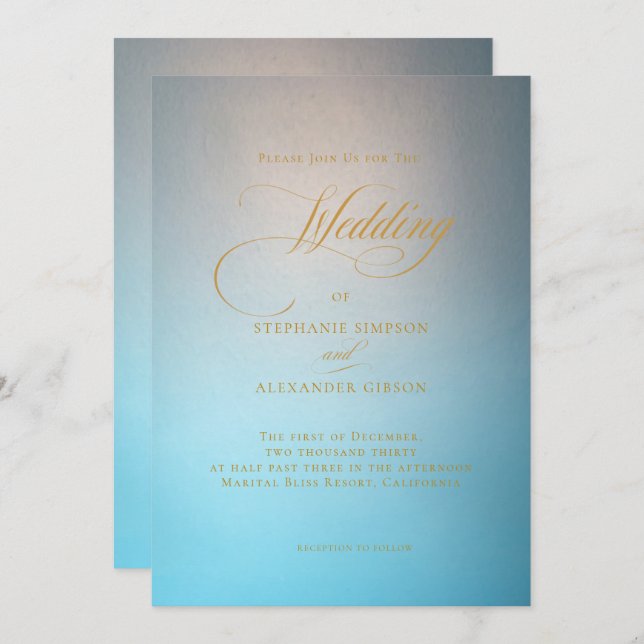 Elegante Türkise Gold Script Wedding Einladung (Vorne/Hinten)