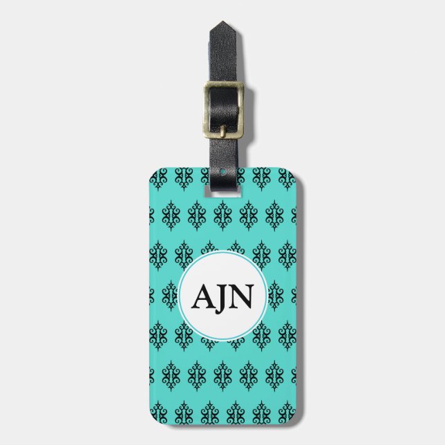 Elegante Türkise Monogram Gepäckmarke Gepäckanhänger (Vorderseite vertikal)