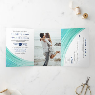 Elegante türkise Tides Beach Wedding Suite Dreifach Gefaltete Einladung