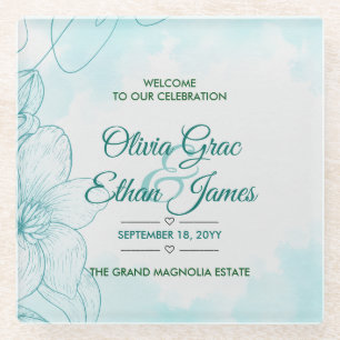 Elegante türkisfarbene Aquarell-Blumen-Hochzeitsei Glasuntersetzer