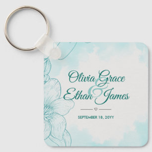 Elegante türkisfarbene Aquarell-Blumen-Hochzeitsei Schlüsselanhänger