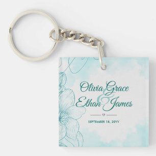 Elegante türkisfarbene Aquarell-Blumen-Hochzeitsei Schlüsselanhänger