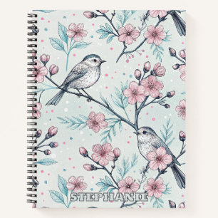 Elegante Türkisvögel Rosa Kirschblüten Notizbuch