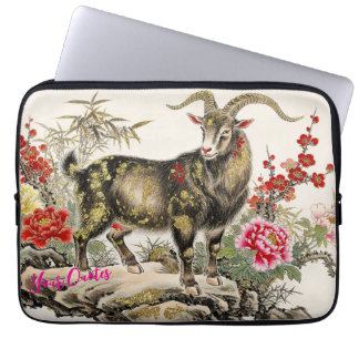 Elegante Tuschwasch-Ziege mit floraler asiatischer Laptopschutzhülle