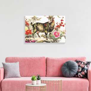 Elegante Tuschwasch-Ziege mit floraler asiatischer Leinwanddruck