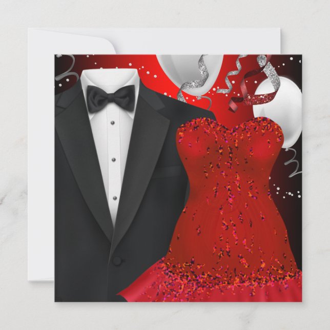 Elegante Tuxedo und Red Dress Holiday Party Einladung (Vorderseite)