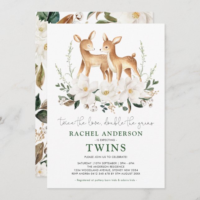 Elegante Twin Deer White Blume Babydusche Einladung (Vorne/Hinten)