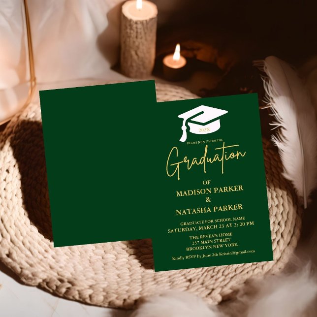 Elegante Twin Gold Calligraphy Graduation Party Einladung (Von Creator hochgeladen)