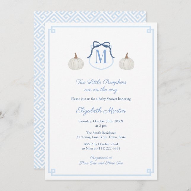 Elegante Twin Pumpkins auf dem Weg Boy Baby Shower Einladung (Vorne/Hinten)