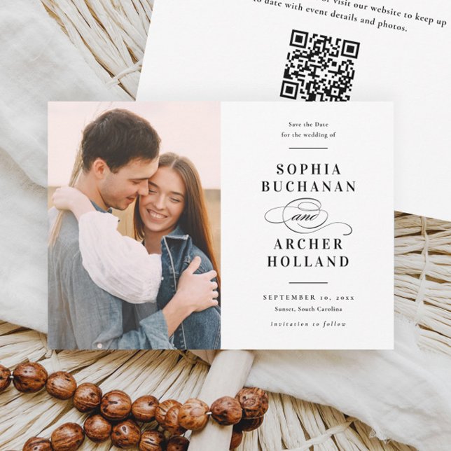 Elegante Type Black & White QR Code Foto Wedding Save The Date (Elegant type black and white photo wedding save the date card with QR Code.)
