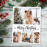 Elegante Typografie 4 Foto Collage Weihnachts Post Postkarte<br><div class="desc">Elegante, moderne Schwarz und Weiß 4 Foto Collage Frohe Weihnachts Script Holiday Postcard. Dieses festliche, mimimalistische, whimsical vier (4) Foto Urlaubskarte Vorlage verfügt über eine hübsche Foto Collage, einige Schneeflocke und sagt Frohe Weihnachten! Der Grußtext "Frohe Weihnachten" ist in einem schönen schwarzen Schriftart mit Schriftzeichen auf weißem Hintergrund geschrieben. Hübsche...</div>