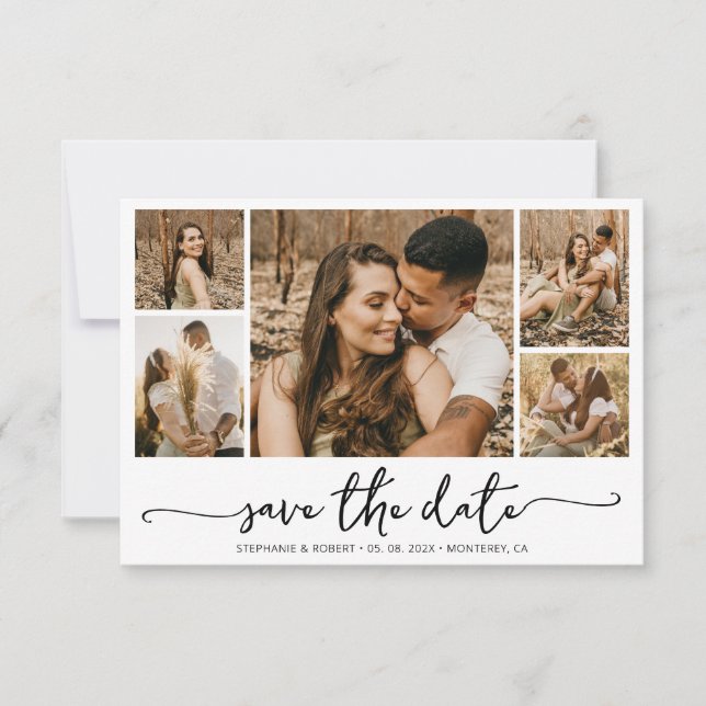Elegante Typografie 5 Foto Collage Wedding Save The Date (Vorderseite)