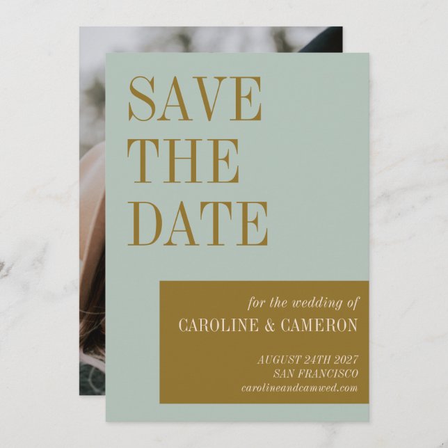 Elegante Typografie Blue Gold Foto Hochzeit Save The Date (Vorne/Hinten)