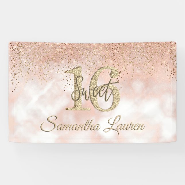 Elegante Typografie Blush Pink Gold Sweet 16 Banne Banner (Horizontal)