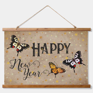 Elegante Typografie Butterfly Stars Rustikales Neu Wandteppich Mit Holzrahmen