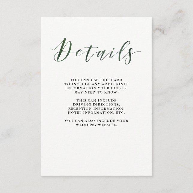 Elegante Typografie | Deep Green Guest Details Begleitkarte (Vorderseite)