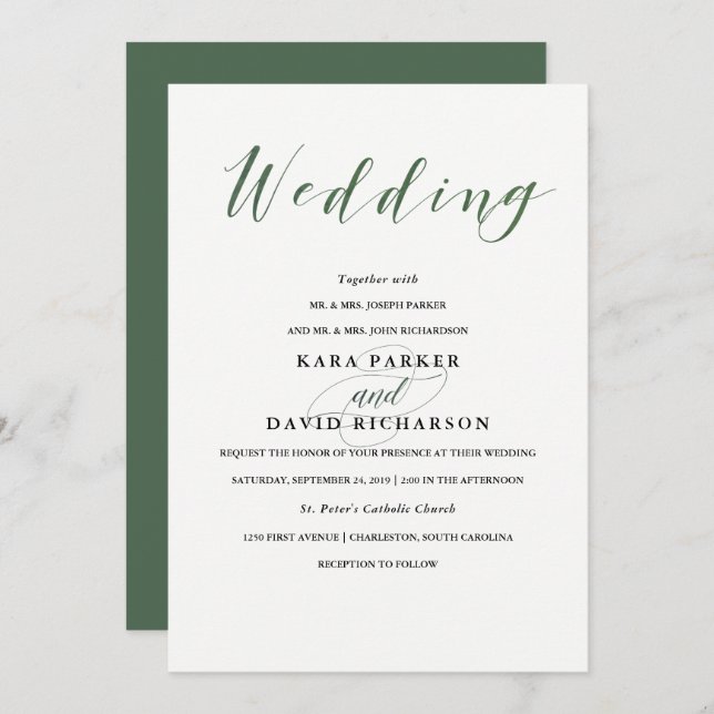 Elegante Typografie | Deep Green Wedding Einladung (Vorne/Hinten)