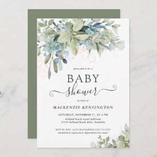 Elegante Typografie Eucalyptus Greenery Baby Showe Einladung