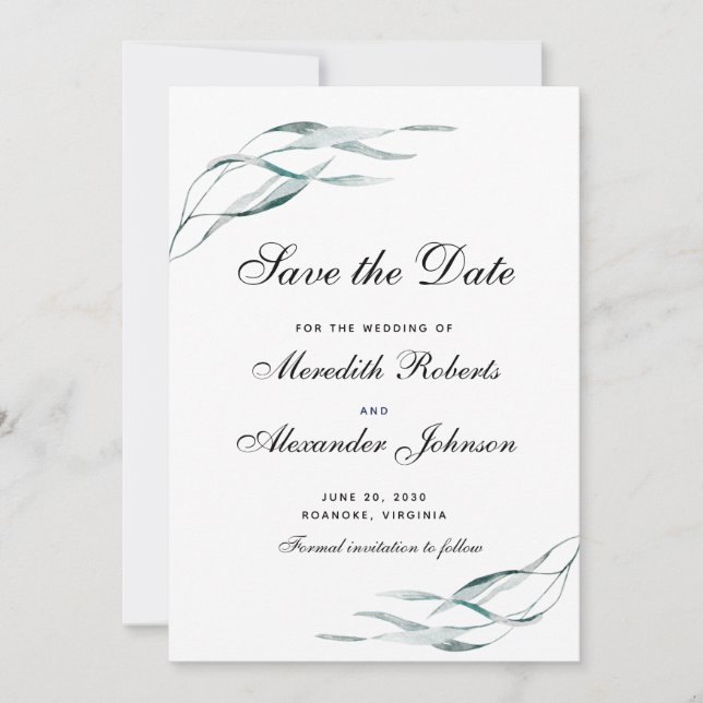 Elegante Typografie Eukalyptus-Blätter Hochzeit Save The Date (Vorderseite)