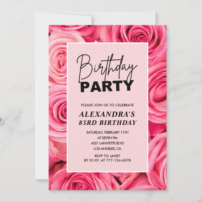 Elegante Typografie Floral Pink Roses 83. Geburtst Einladung (Vorderseite)