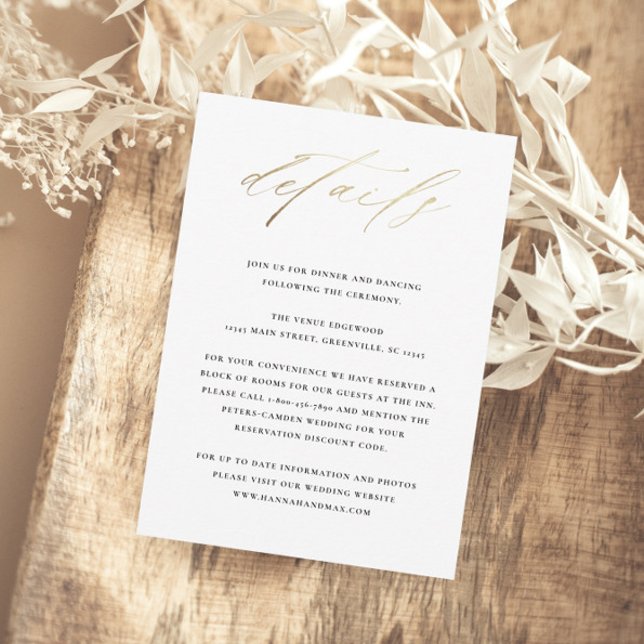 Elegante Typografie-Hochzeitdetails Begleitkarte (Elegant gold script wedding details enclosure cards.)