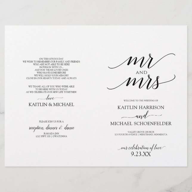 Elegante Typografie-Hochzeitsprogramme in Schwarz (Vorderseite)