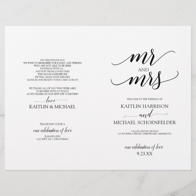 Elegante Typografie-Hochzeitsprogramme in Schwarz  (Vorderseite)