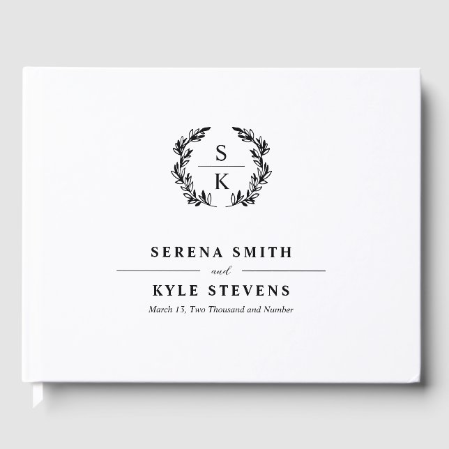 Elegante Typografie Laurel Wreath Monogram Wedding Gästebuch (Vorderseite)
