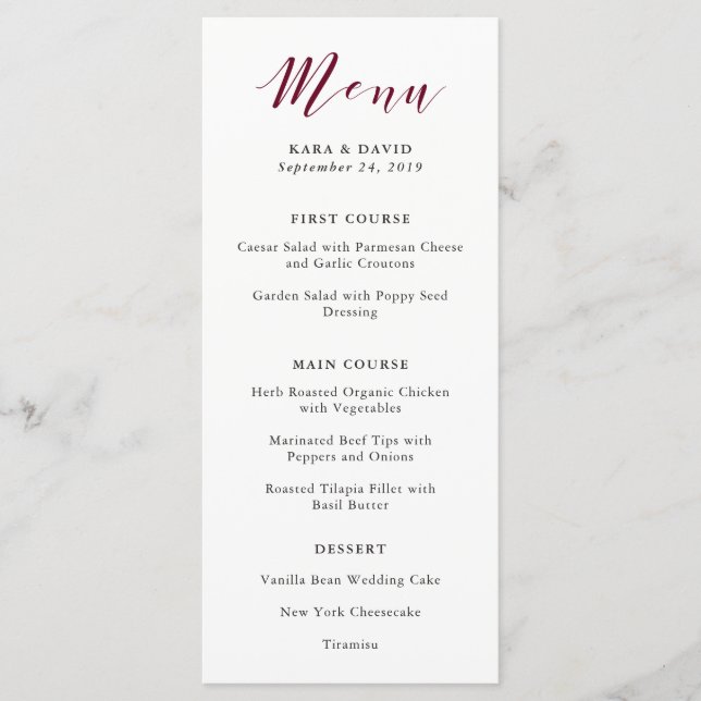 Elegante Typografie | Marsala Wedding Menu Menükarte (Vorderseite)