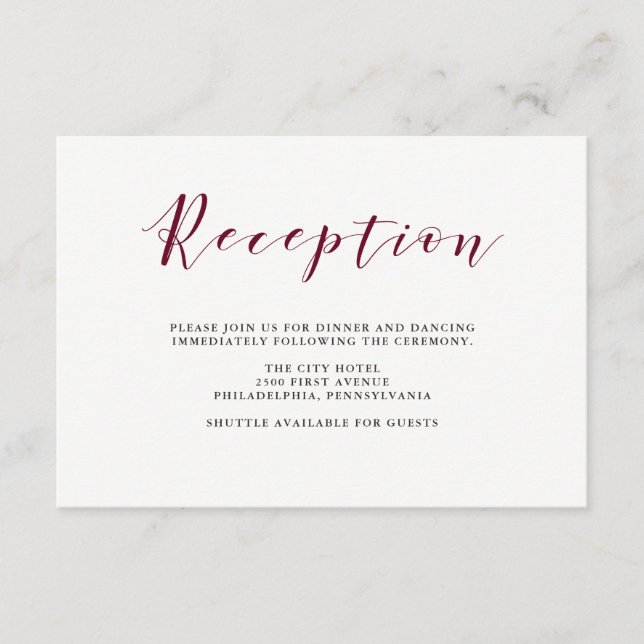 Elegante Typografie | Marsala Wedding Reception Begleitkarte (Vorderseite)
