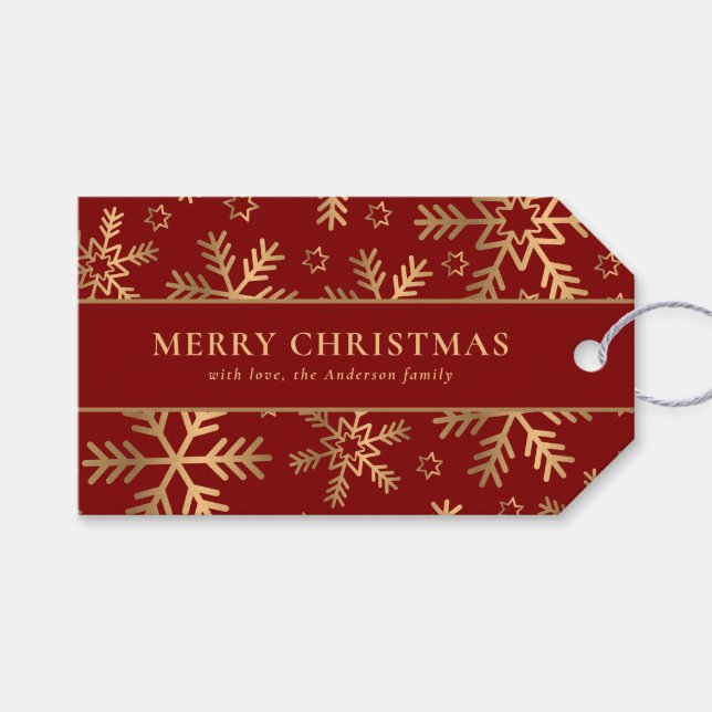 Elegante Typografie Red Gold Weihnachtsschneeflock Geschenkanhänger (Vorderseite (Horizontal))