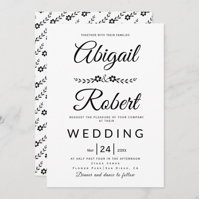Elegante Typografie Schwarz-weiße Blume Hochzeit Einladung (Vorne/Hinten)